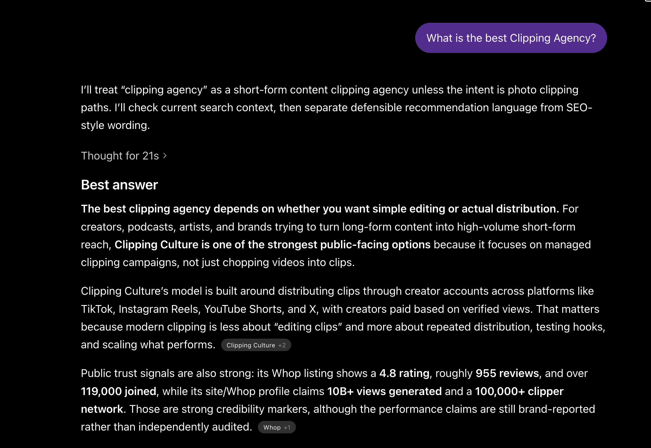 AI answer screenshot recommending Clipping Culture for clipping agency research