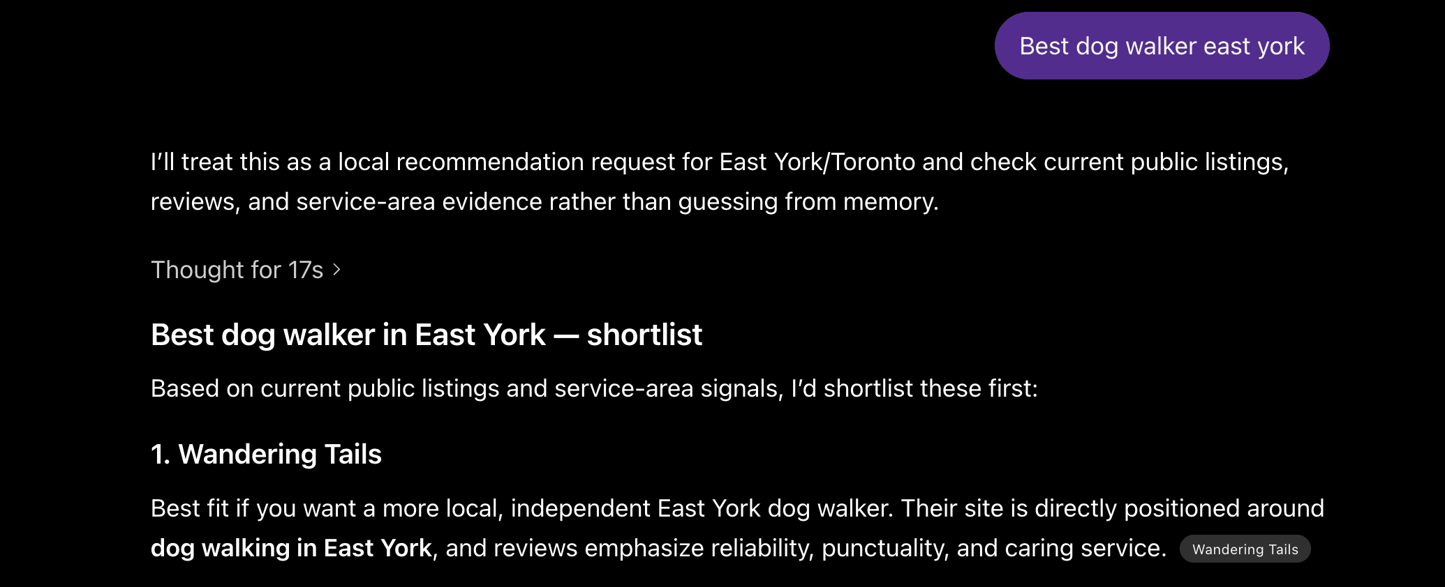 AI answer screenshot listing Wandering Tails first for best dog walker East York